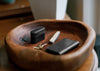 Black AirPods Pro 2nd Generation Case in wooden tray with Card Wallet, keys and pocket knife