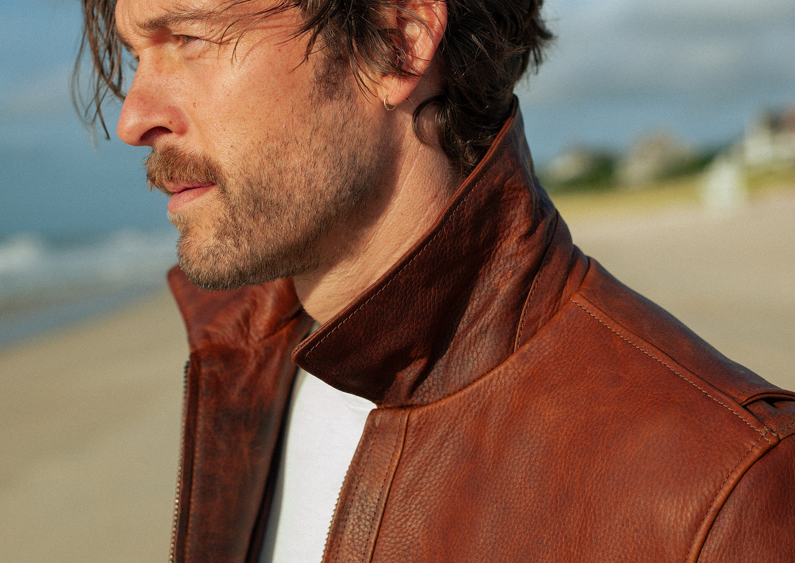 brown leather riding jacket made with waxed vegetable retanned