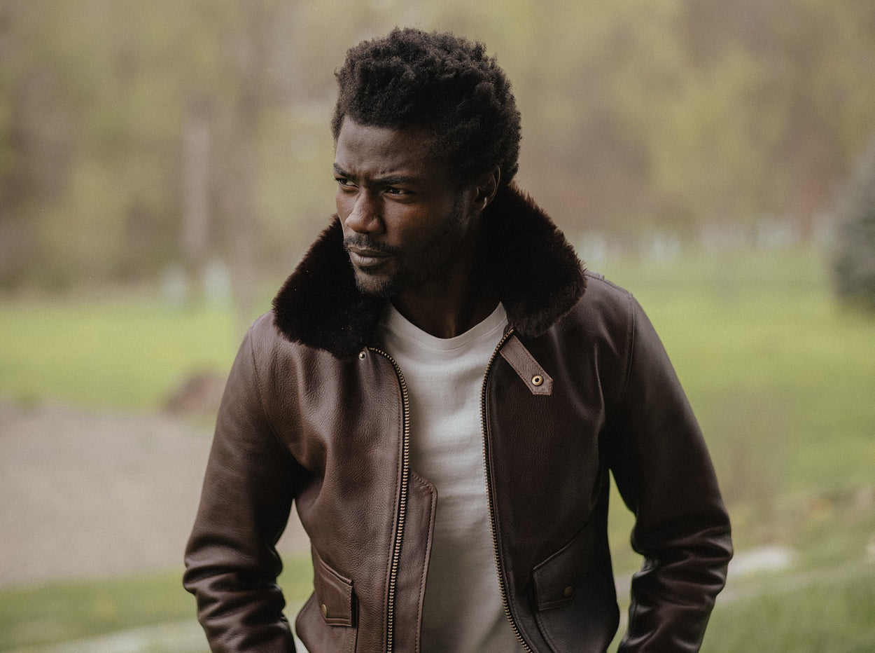 leather bomber jacket shearling wool collar Satchel & Page