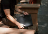 black leather padfolio with matte silver button