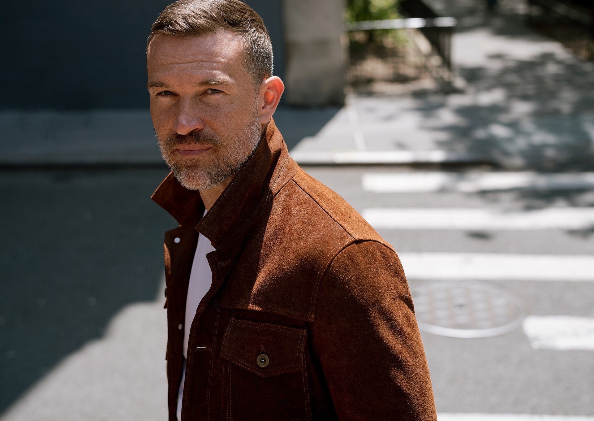 brown leather trucker jacket made with suede leather