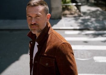 man wearing waxed suede Montgomery jacket