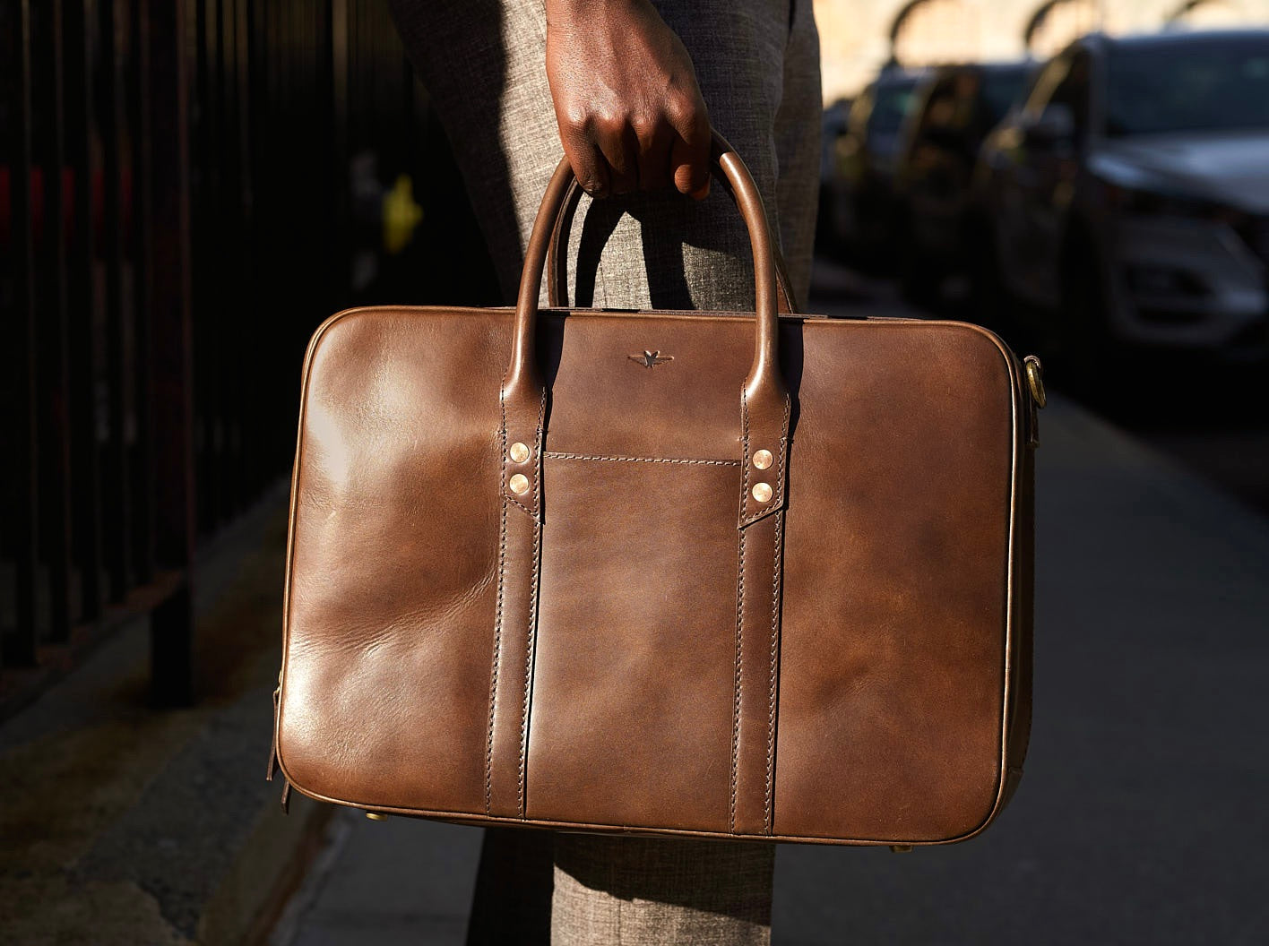 Brown Leather Zippered Briefcase Satchel & Page Men's Briefcase