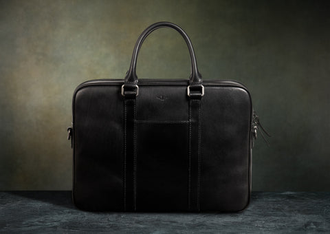 Front view of black vegetable tanned leather Founder Briefcase