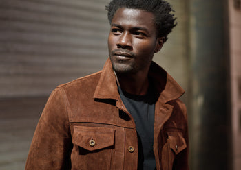 close up of suede trucker jacket
