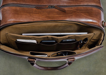 brown leather weekender with laptop pocket 
