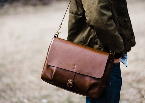 full grain leather messenger bag close up picture
