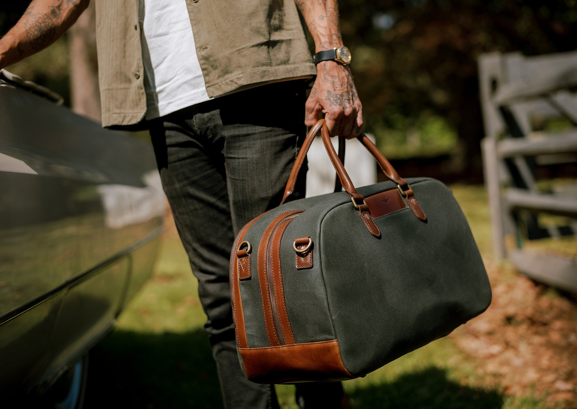 weekender, duffelbag, travel bag in waxed canvas and leather