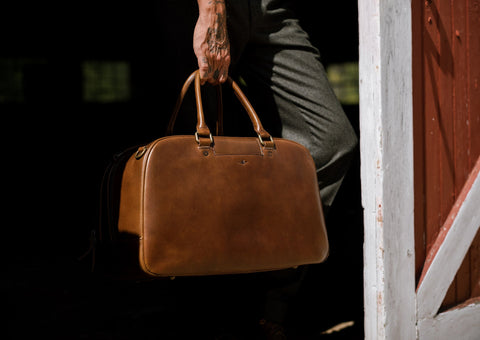 leather duffle bag close up