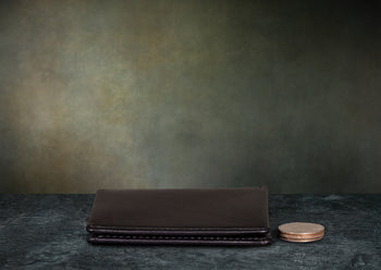 minimalist daily carry leather wallet by satchel & page compared to stack of 3 quarters